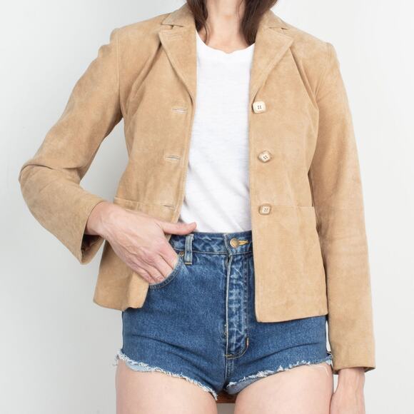 Vintage 90s Y2K Neutral Tan Suede Fitted Jacket XS - Picture 2 of 5